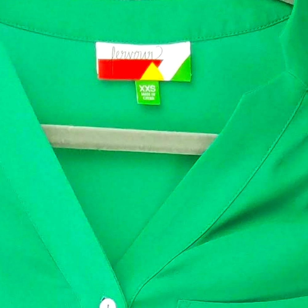 Green, silky, long sleeve shirt